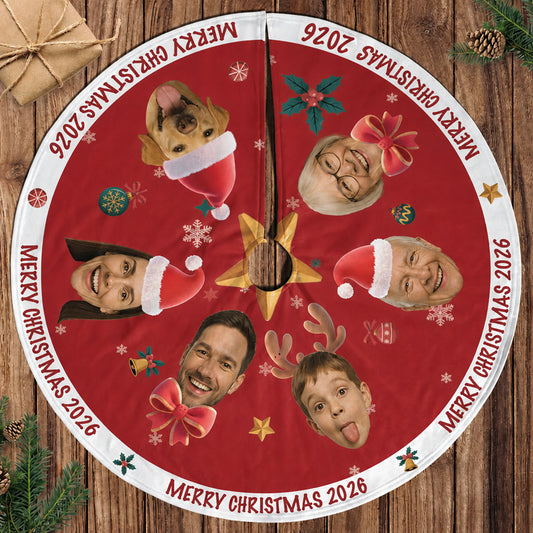 Personalized family face Christmas tree skirt with Merry Christmas 2026 and family photos
