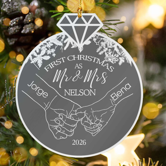 Silver mirrored acrylic First Christmas as Mr & Mrs ornament with diamond top, pinky promise hands, custom names, family name and year