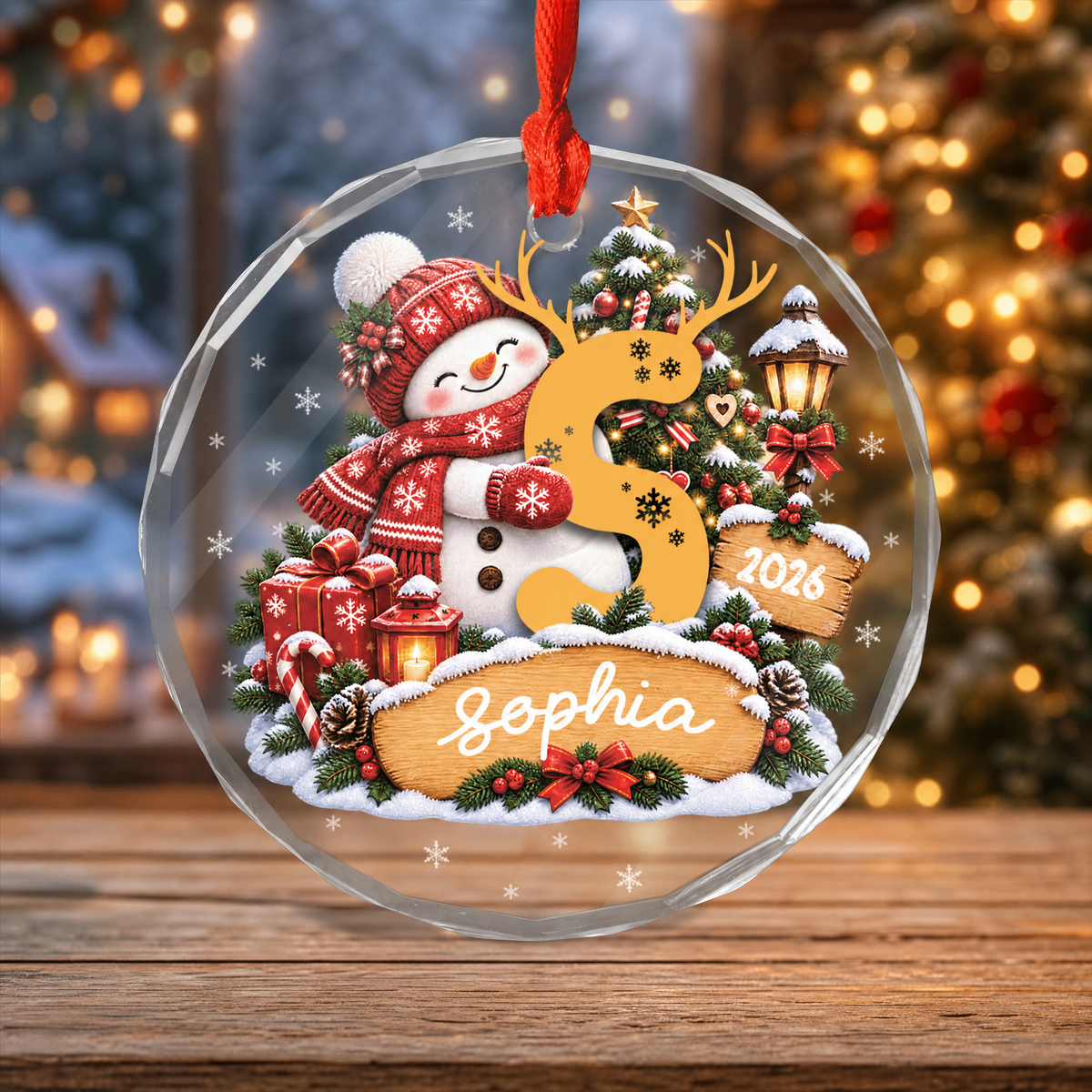 Snowman initial custom name glass ornament for the Christmas tree