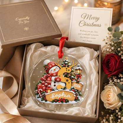 Personalized snowman monogram glass ornament as a Christmas keepsake gift