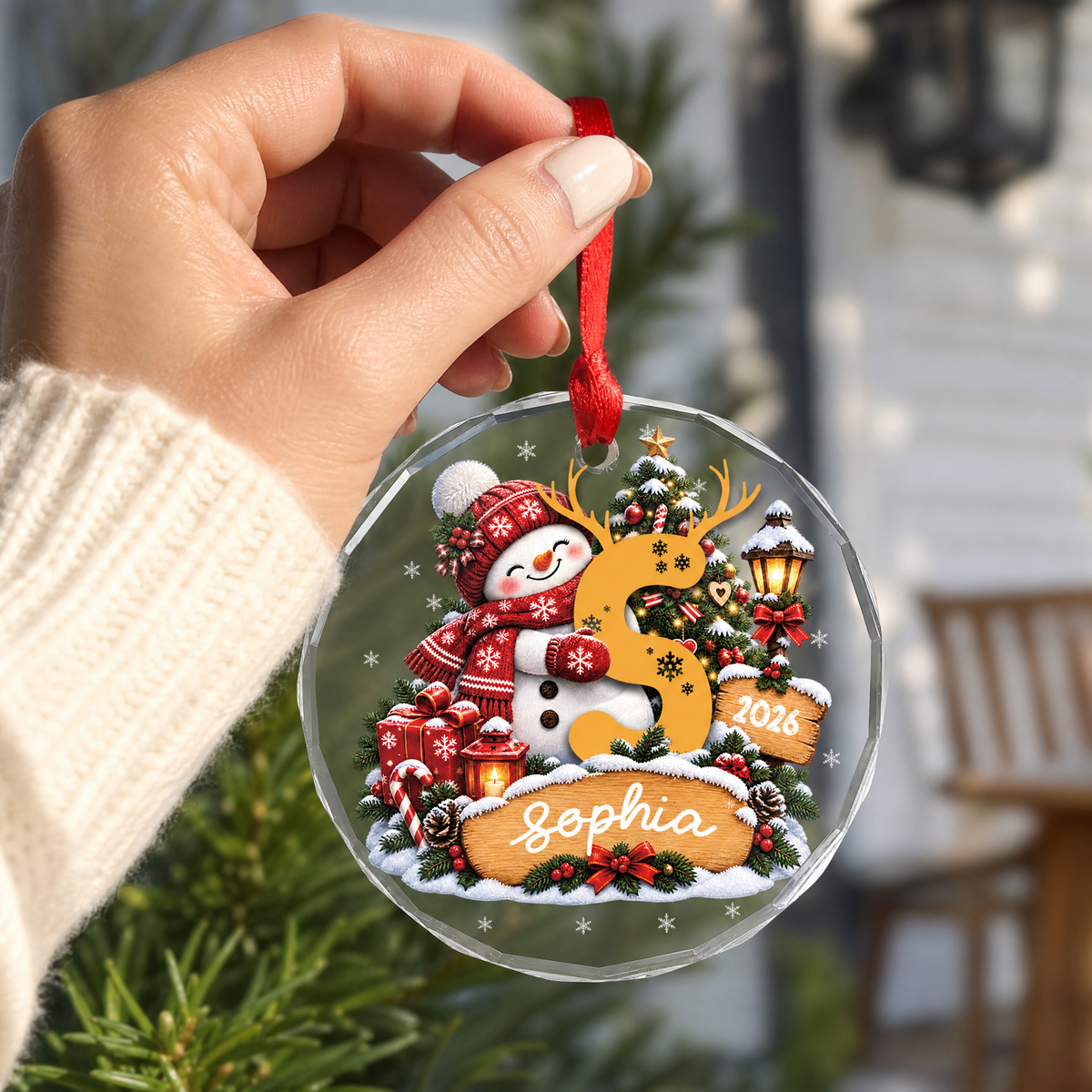 Snowman initial letter glass ornament for family Christmas memories