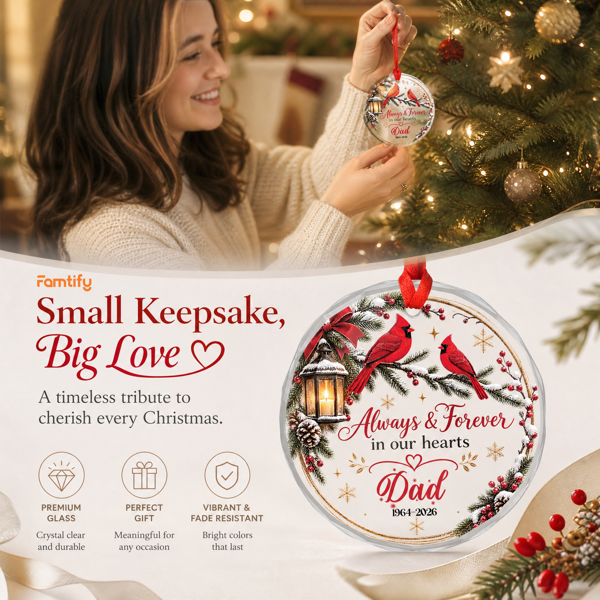 Personalized cardinal memorial glass ornament in a cozy holiday setting