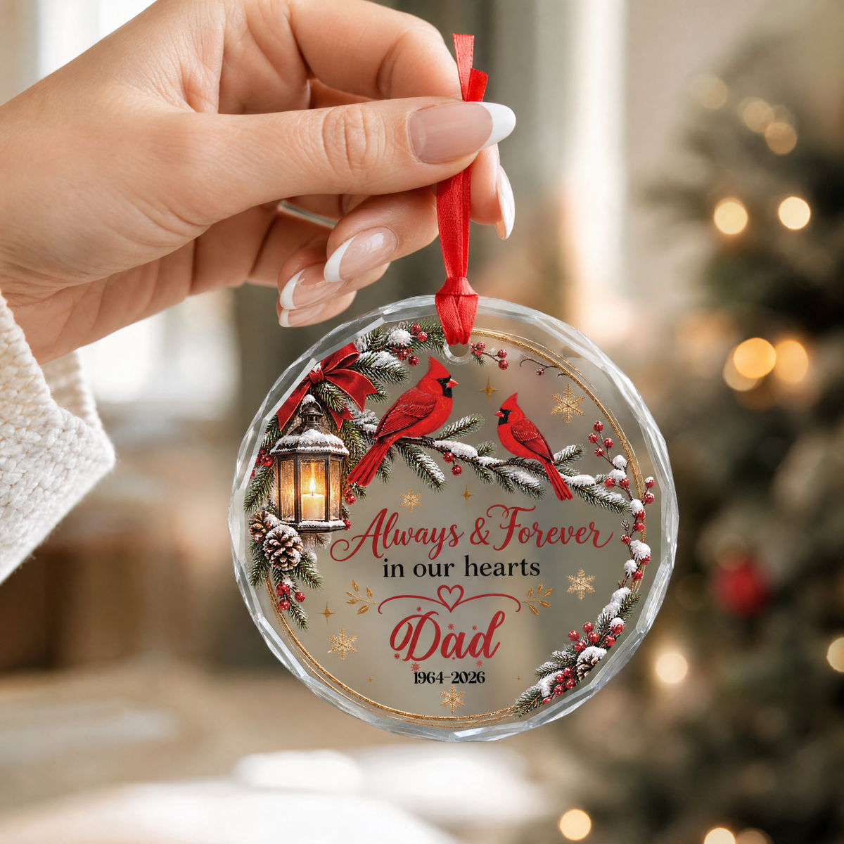 Always and Forever in Our Hearts cardinal glass ornament as a remembrance gift