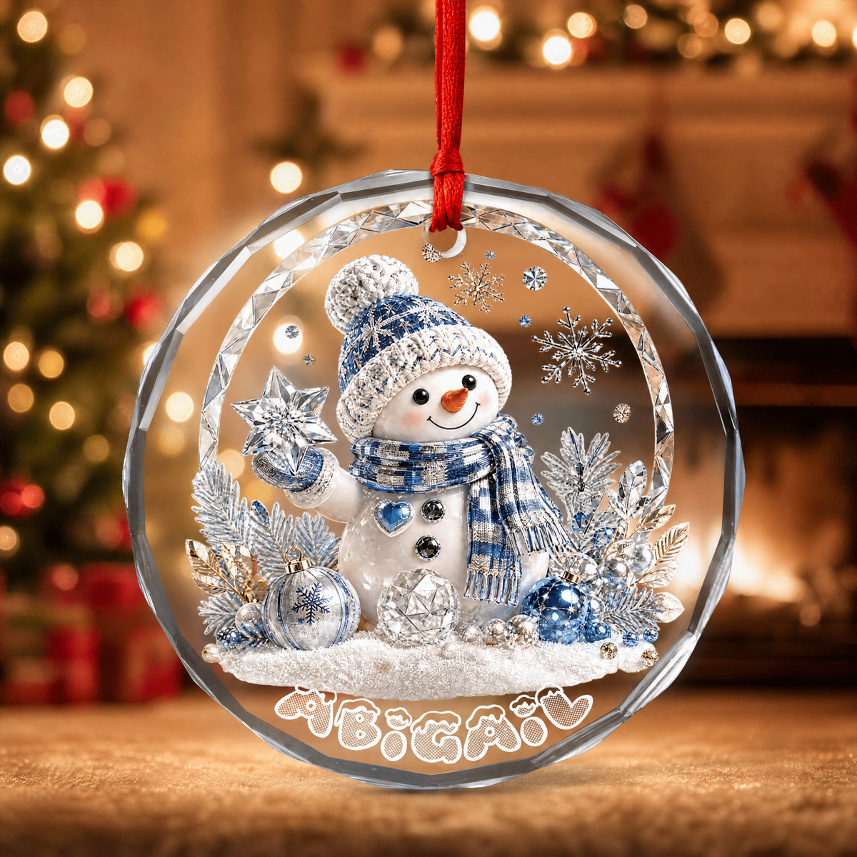 Crystal snowman custom name glass ornament for the Christmas tree