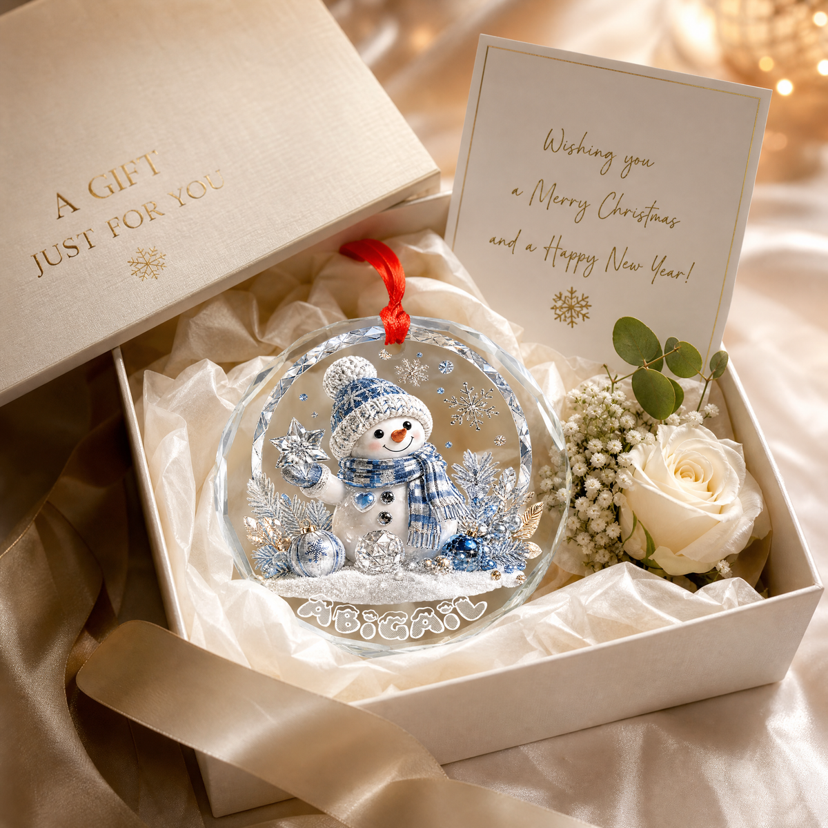 Personalized crystal snowman glass ornament as a Christmas keepsake gift