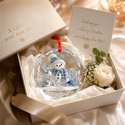 Personalized crystal snowman glass ornament as a Christmas keepsake gift