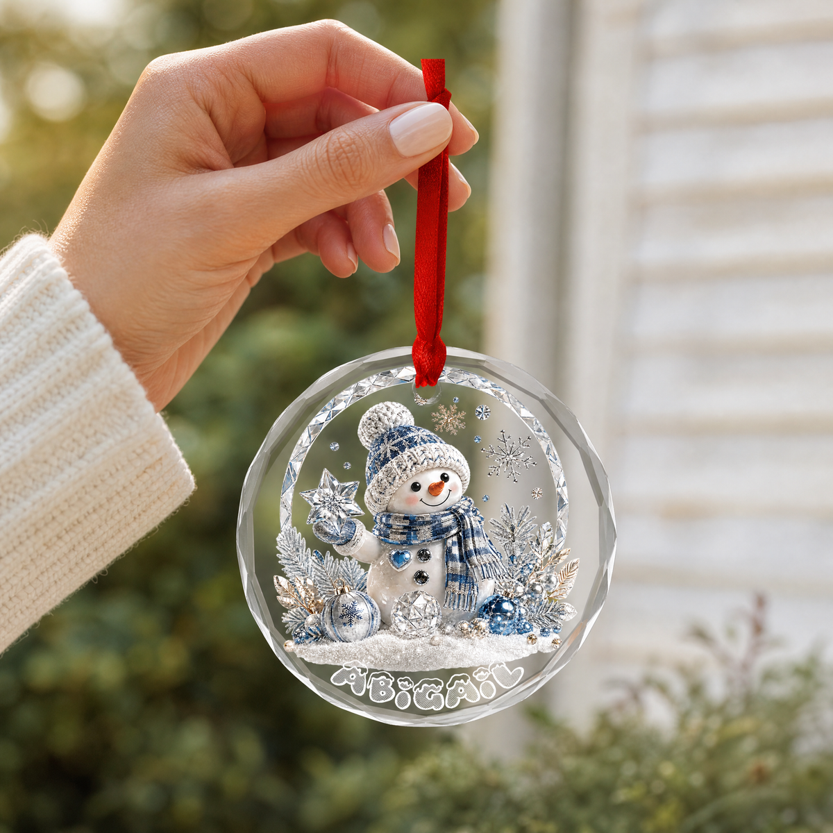Clear glass crystal snowman ornament with custom name for holiday decor