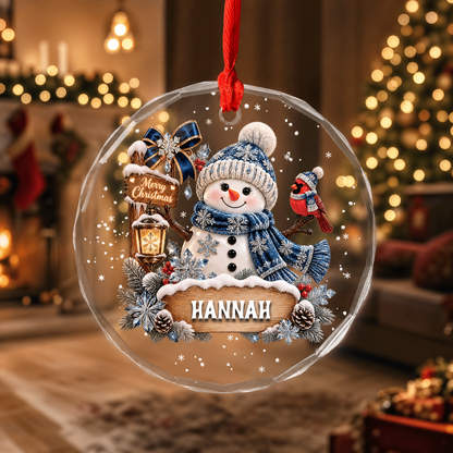 Snowman cardinal custom name glass ornament for the Christmas tree
