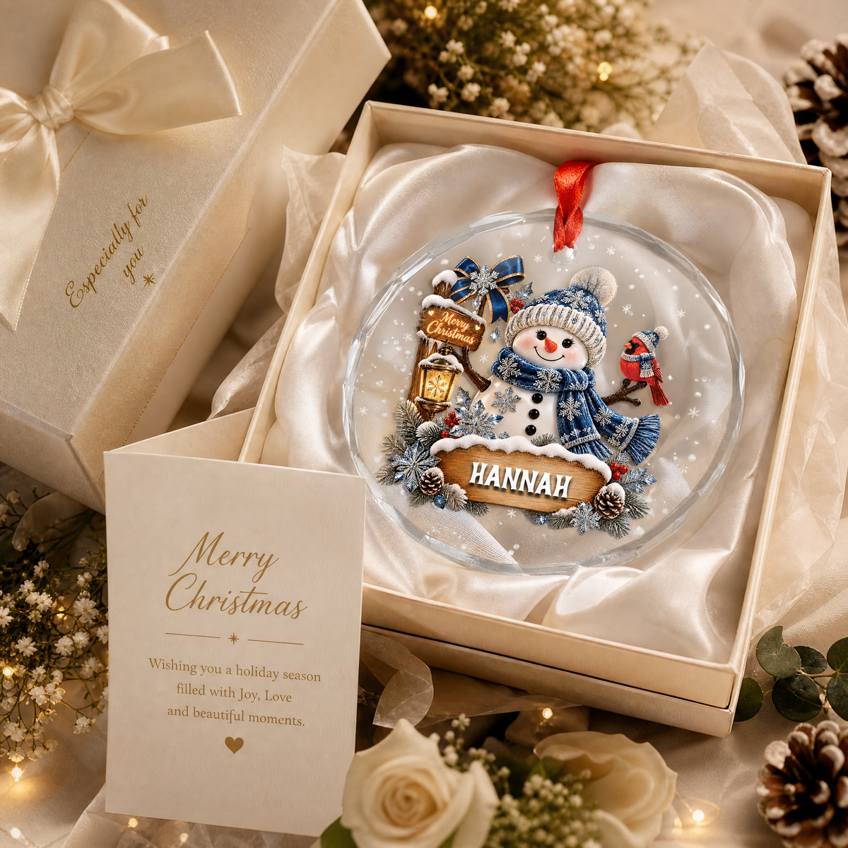 Personalized snowman cardinal glass ornament as a Christmas keepsake gift
