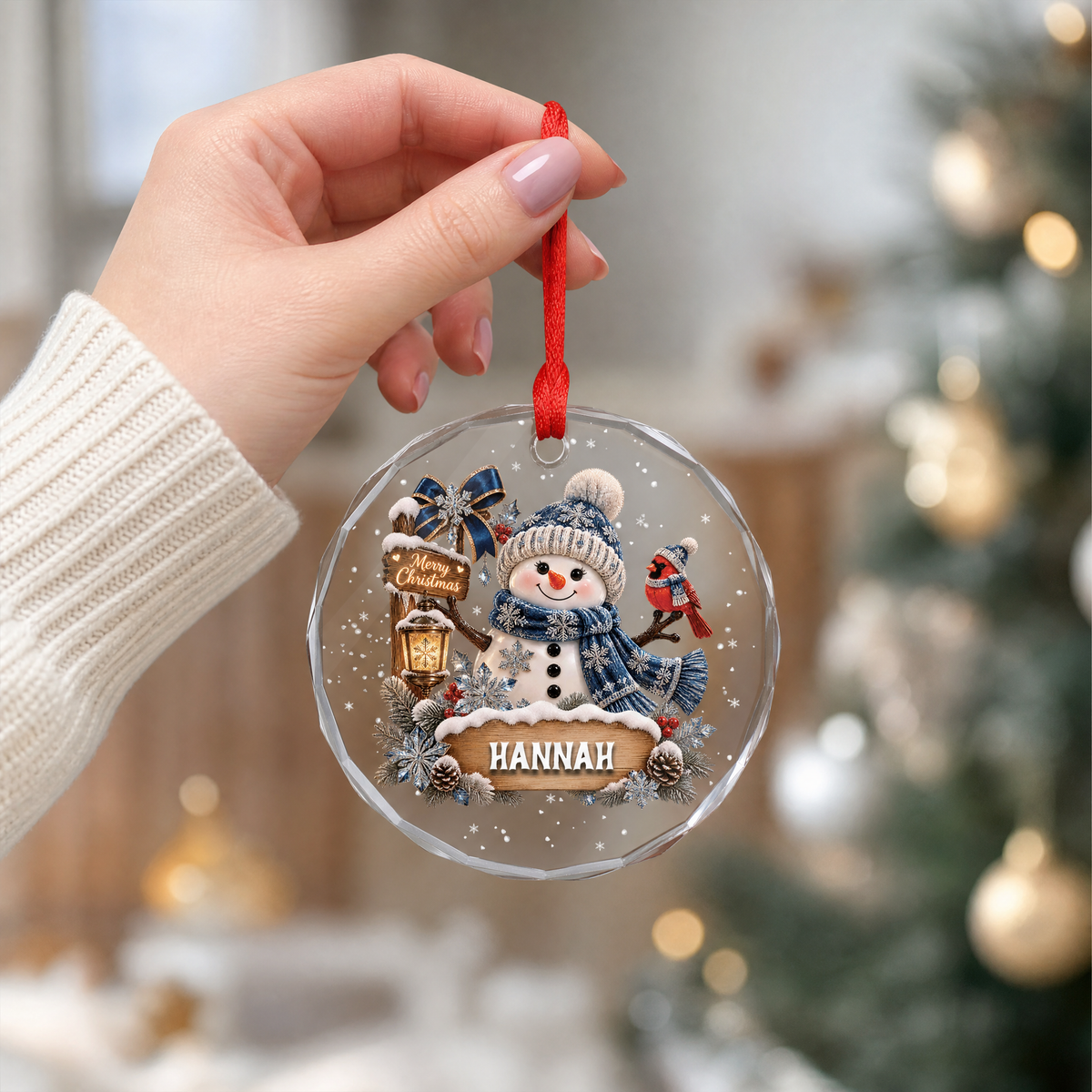 Clear glass snowman cardinal ornament with custom name for holiday decor