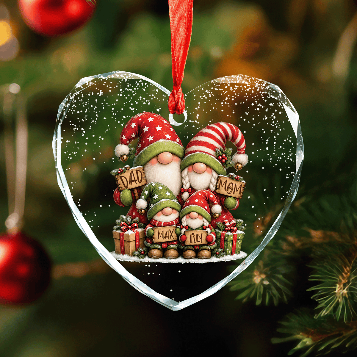 Personalized gnome family heart glass ornament with two kids