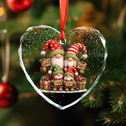 Personalized gnome family heart glass ornament with two kids