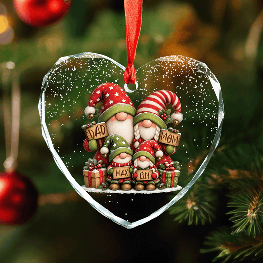 Personalized gnome family heart glass ornament with two kids