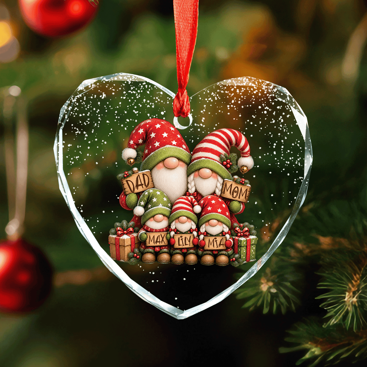 Personalized gnome family heart glass ornament with three kids
