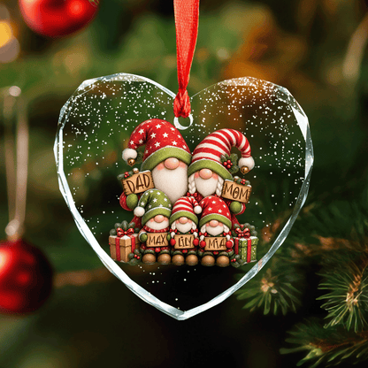 Personalized gnome family heart glass ornament with three kids