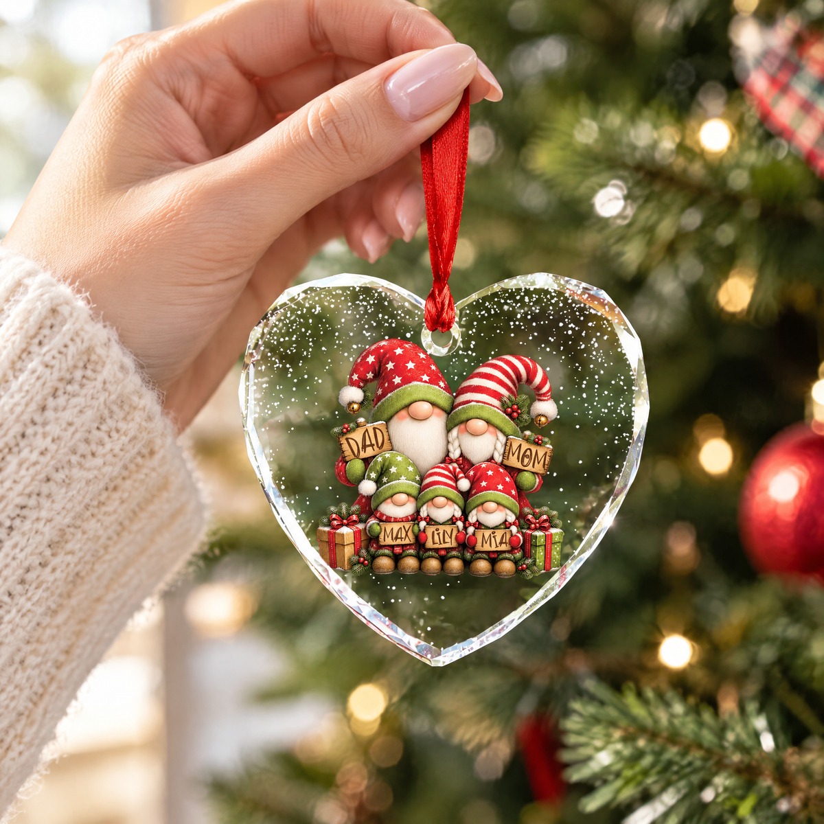 Clear glass gnome family ornament with custom names for holiday decor