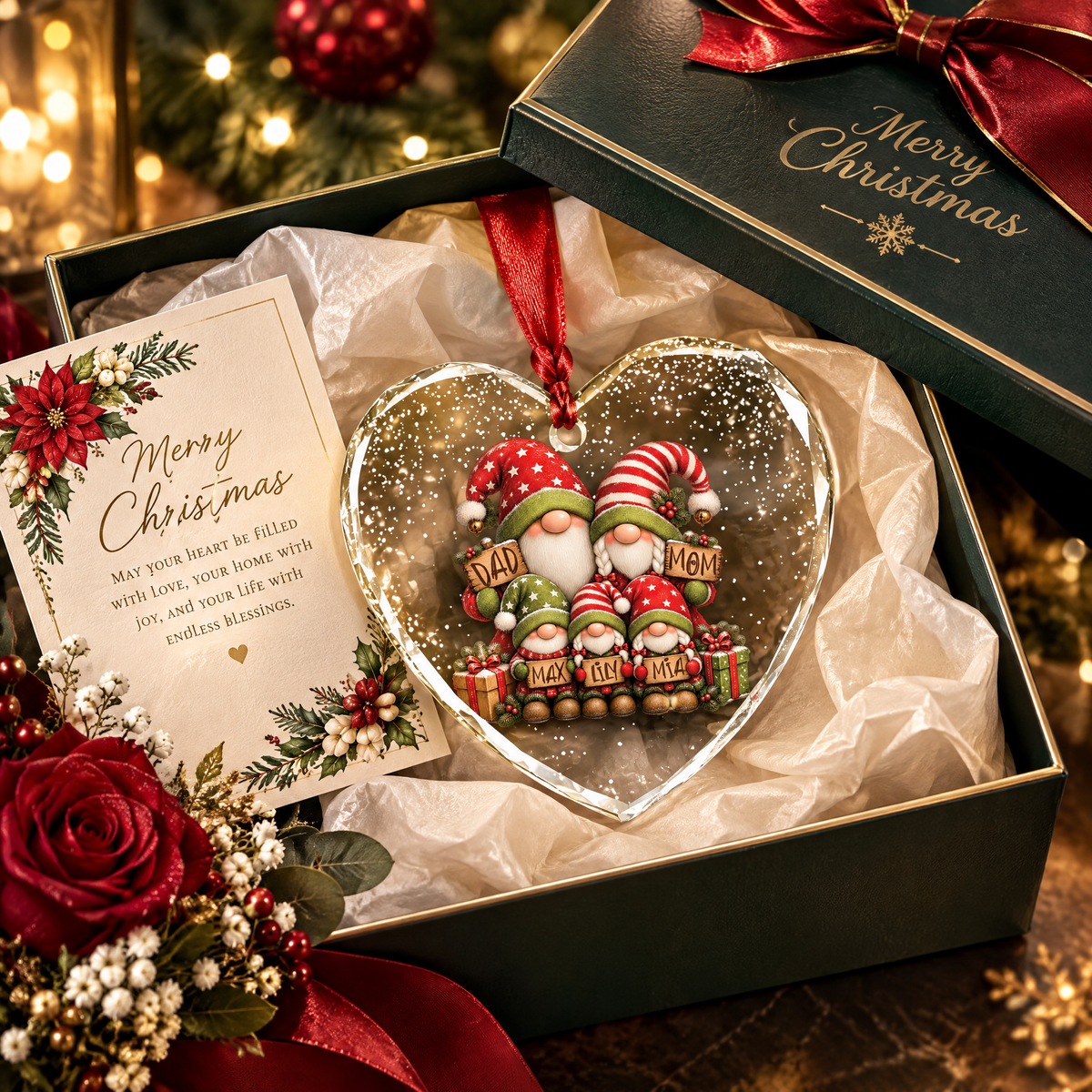 Gnome family heart Christmas glass ornament keepsake