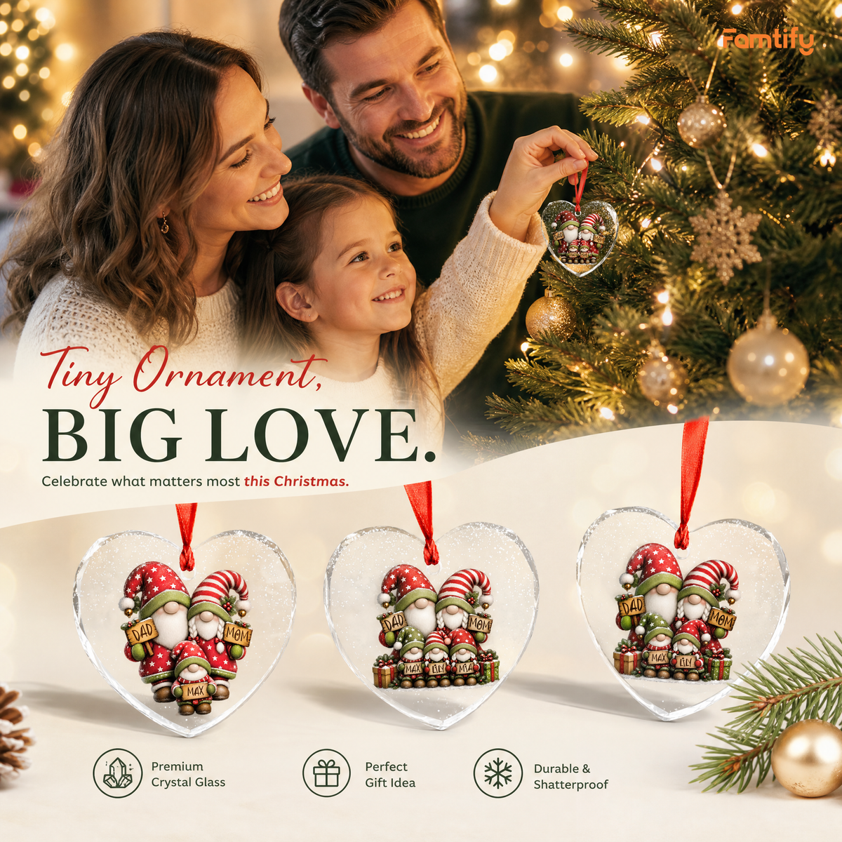Gnome family heart glass ornament hanging on a Christmas tree