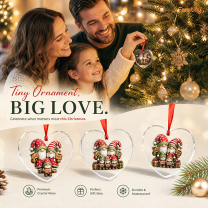 Gnome family heart glass ornament hanging on a Christmas tree