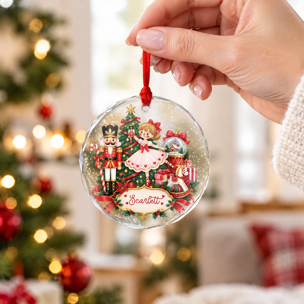 Clear glass nutcracker ballerina ornament with custom name for holiday decor