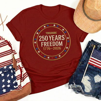 Custom Freedom 250 Years Embroidered T-Shirt - Circular Badge Patriotic USA Gift 1776–2026