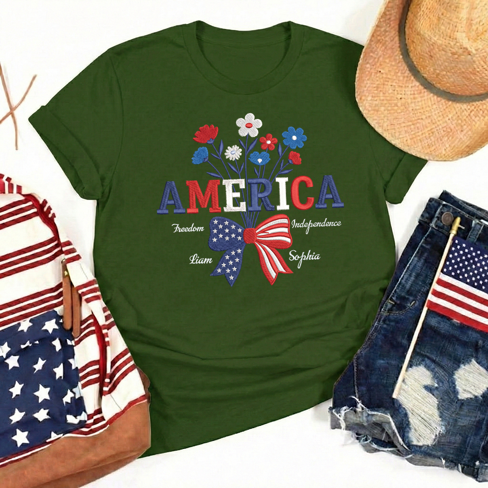 USA 250 Years Strong Floral T-Shirt - Embroidered Independence Day Tee (1776-2026)