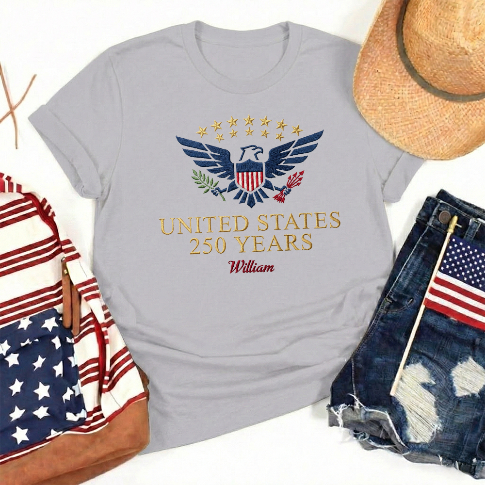 Custom Embroidered USA 250 Years T-Shirt – Semiquincentennial Patriotic Tee