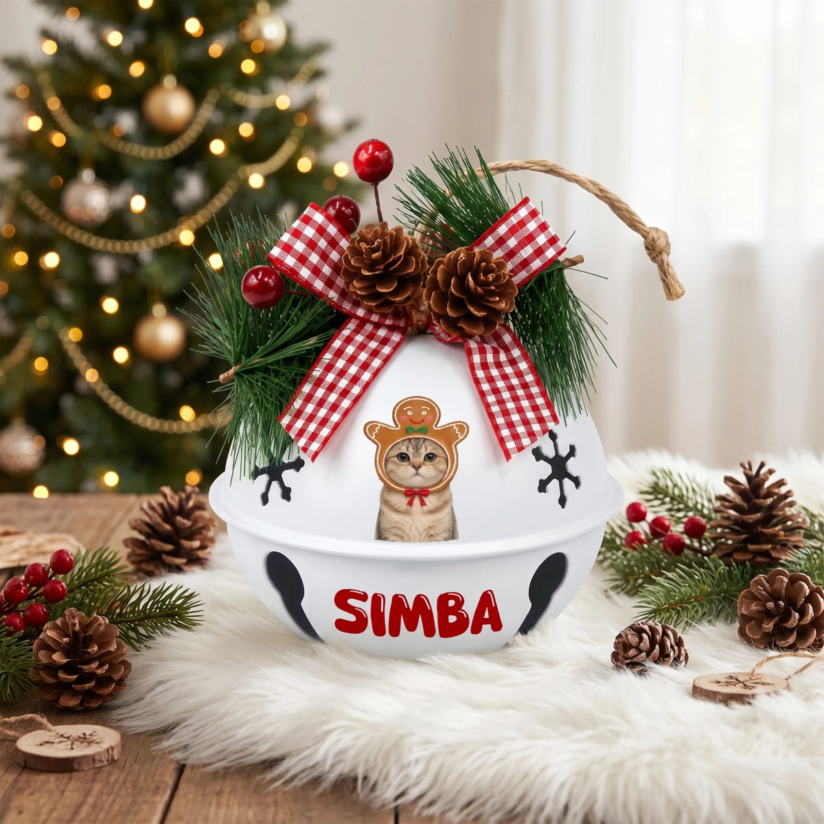 Custom photo gingerbread pet jingle bell ornament with pet photo and name on a festive table