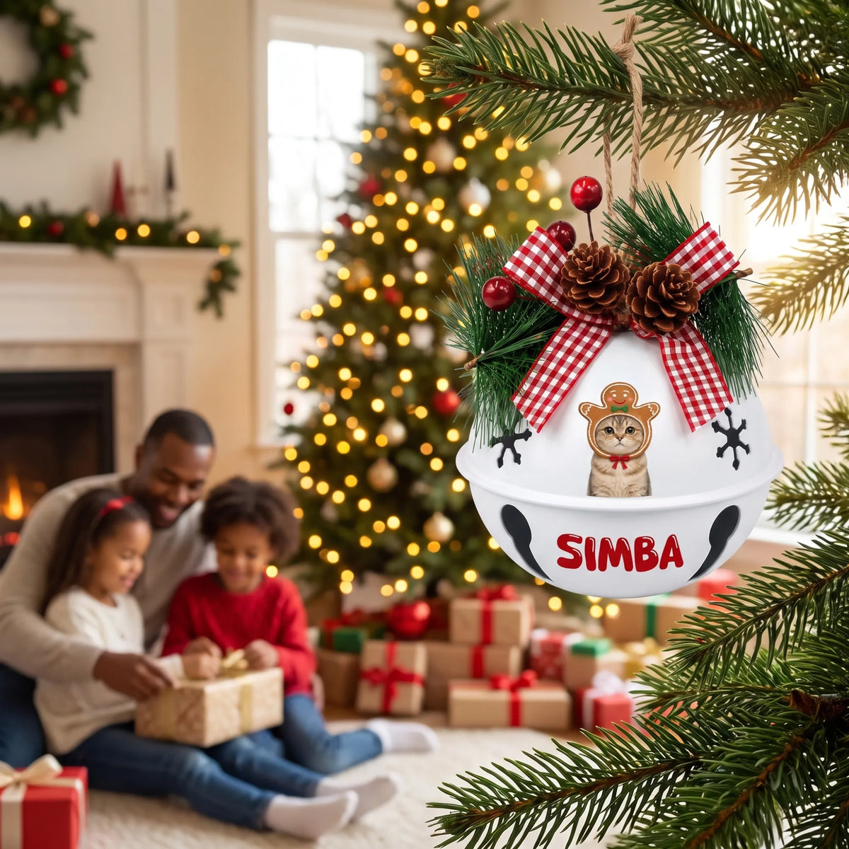 Custom pet photo jingle bell ornament hanging on a pine branch with family opening gifts