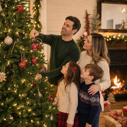 Family hanging a personalized pet photo jingle bell ornament on the Christmas tree