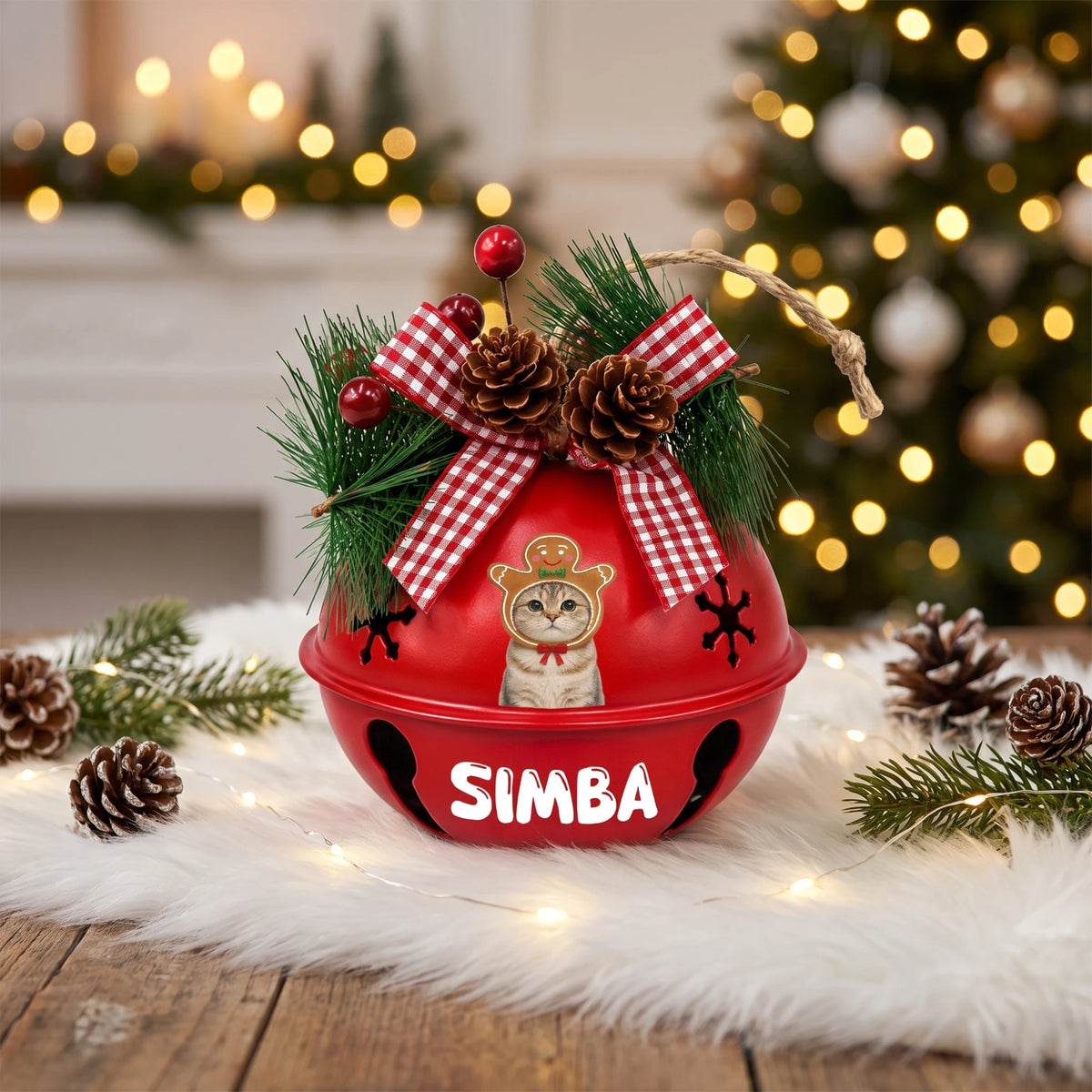 Custom gingerbread pet photo jingle bell ornament with name displayed on a tabletop