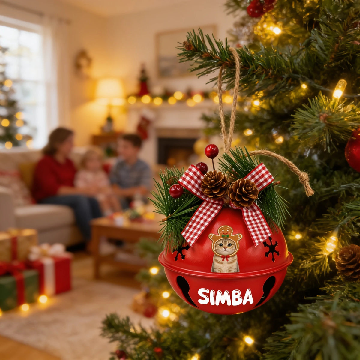Personalized pet photo jingle bell ornament hanging on a Christmas tree in a cozy living room