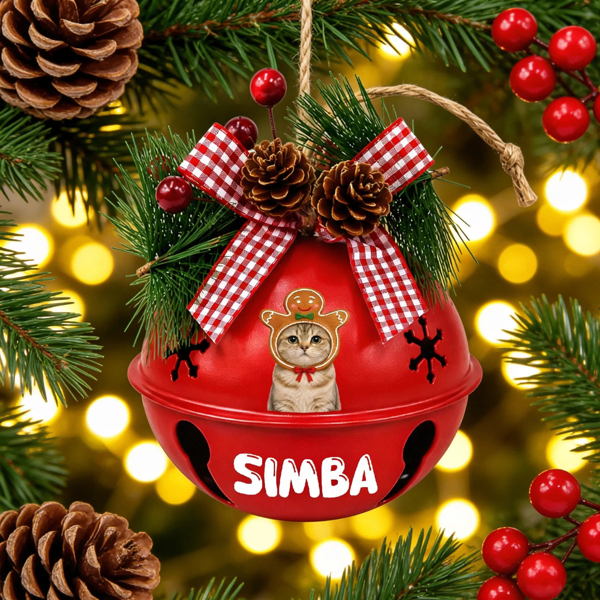 Custom photo gingerbread pet jingle bell ornament hanging among pine branches and holiday lights