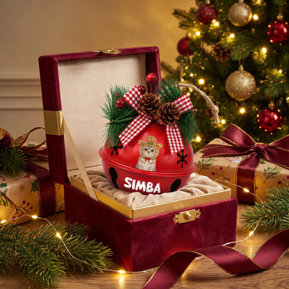 Personalized gingerbread pet jingle bell ornament in a velvet gift box