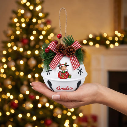 Hand holding a custom reindeer gift sack baby photo jingle bell ornament