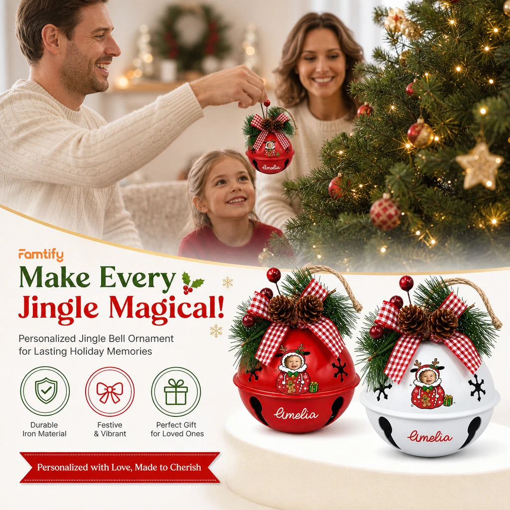 Personalized baby photo jingle bell ornament color options, durable iron, perfect gift