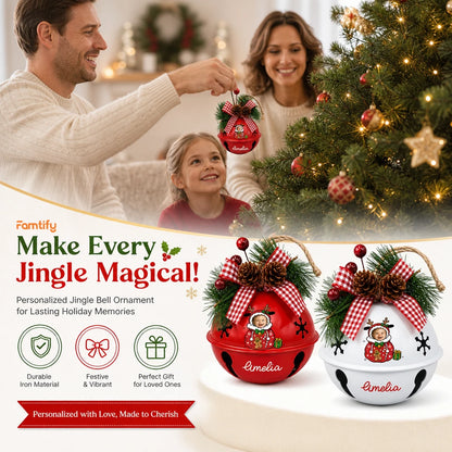 Personalized baby photo jingle bell ornament color options, durable iron, perfect gift