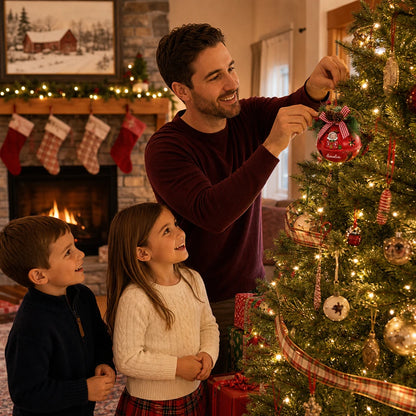 Dad and kids hanging a personalized jingle bell ornament on the Christmas tree