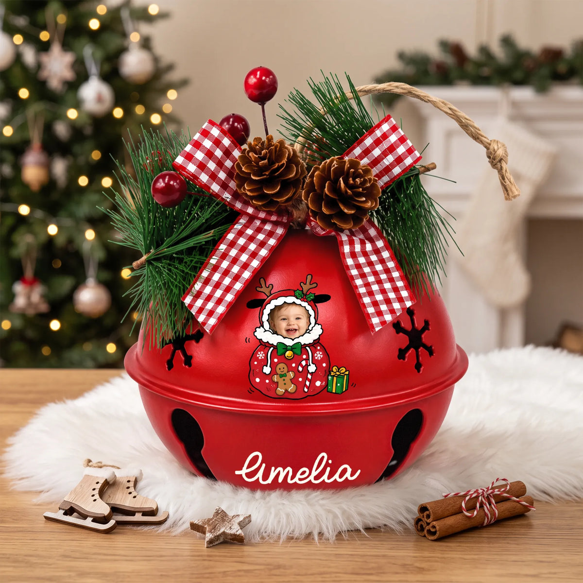 Personalized reindeer gift sack baby photo jingle bell ornament on a festive table