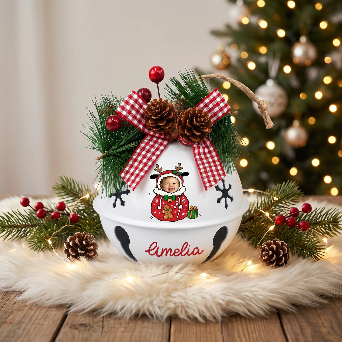 Custom photo reindeer gift sack baby jingle bell ornament with child photo and name