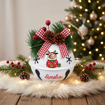Custom photo reindeer gift sack baby jingle bell ornament with child photo and name