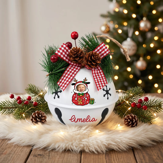 Custom photo reindeer gift sack baby jingle bell ornament with child photo and name