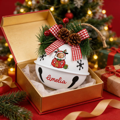 Personalized reindeer gift sack baby jingle bell ornament in a gift box