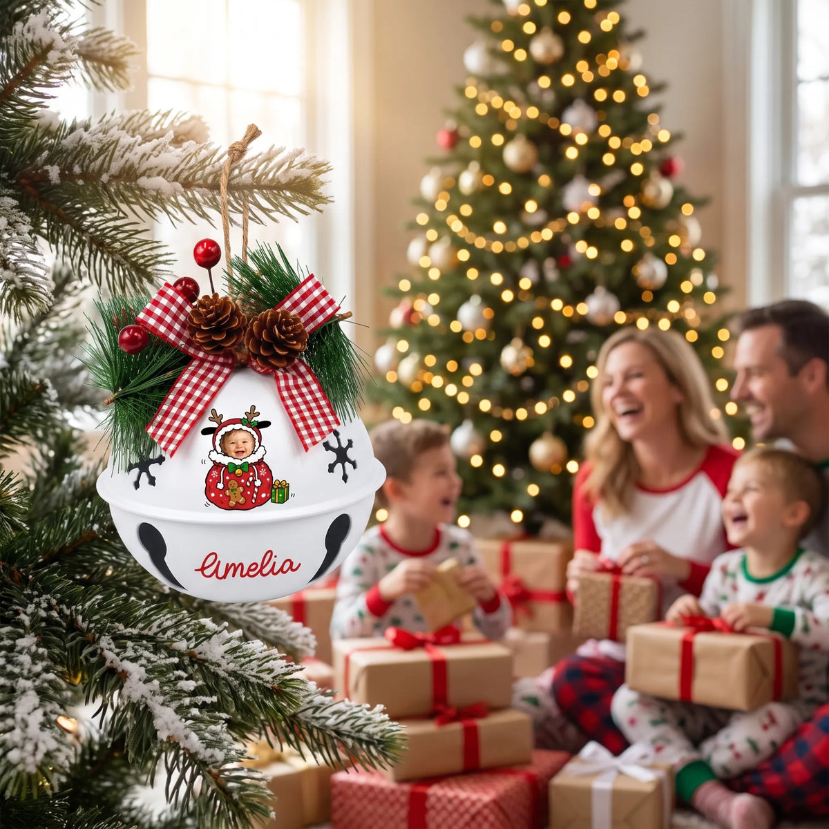 Personalized baby photo jingle bell ornament hanging with family opening gifts
