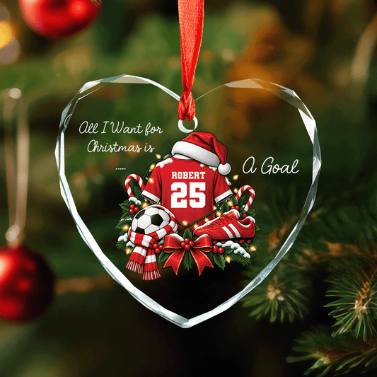Heart shaped clear glass ornament with a Santa hat soccer jersey, custom name and number, All I Want for Christmas Is a Goal