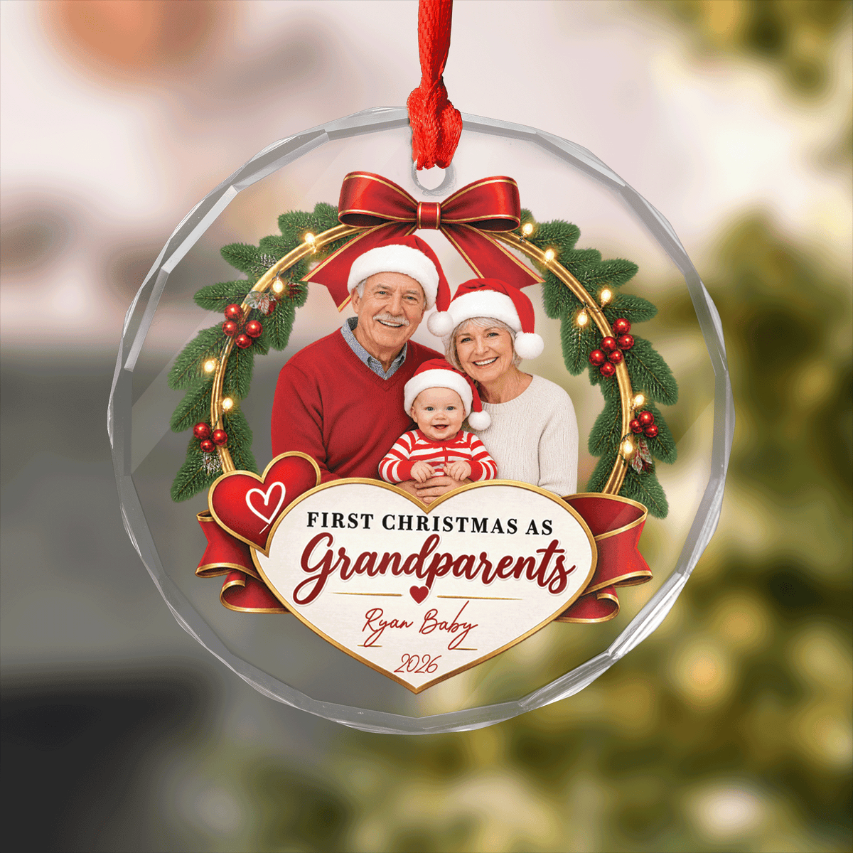 Round clear glass ornament with a grandparents and baby photo in a wreath, First Christmas as Grandparents, baby name and year