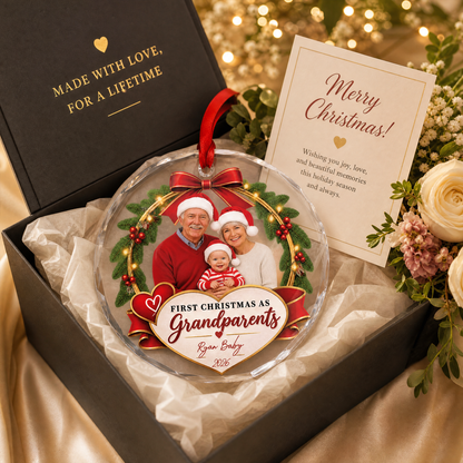 Clear glass grandparents photo ornament with baby name and year