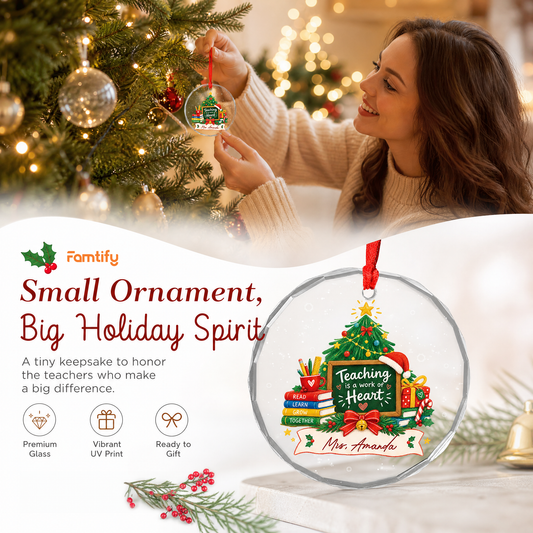 Personalized teacher Christmas glass ornament in a cozy holiday setting