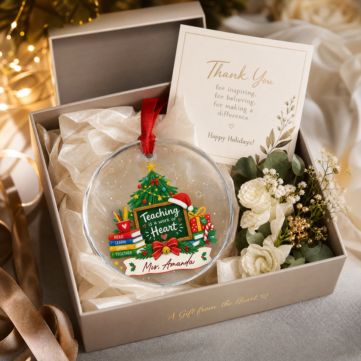Personalized teacher appreciation glass ornament as a Christmas gift