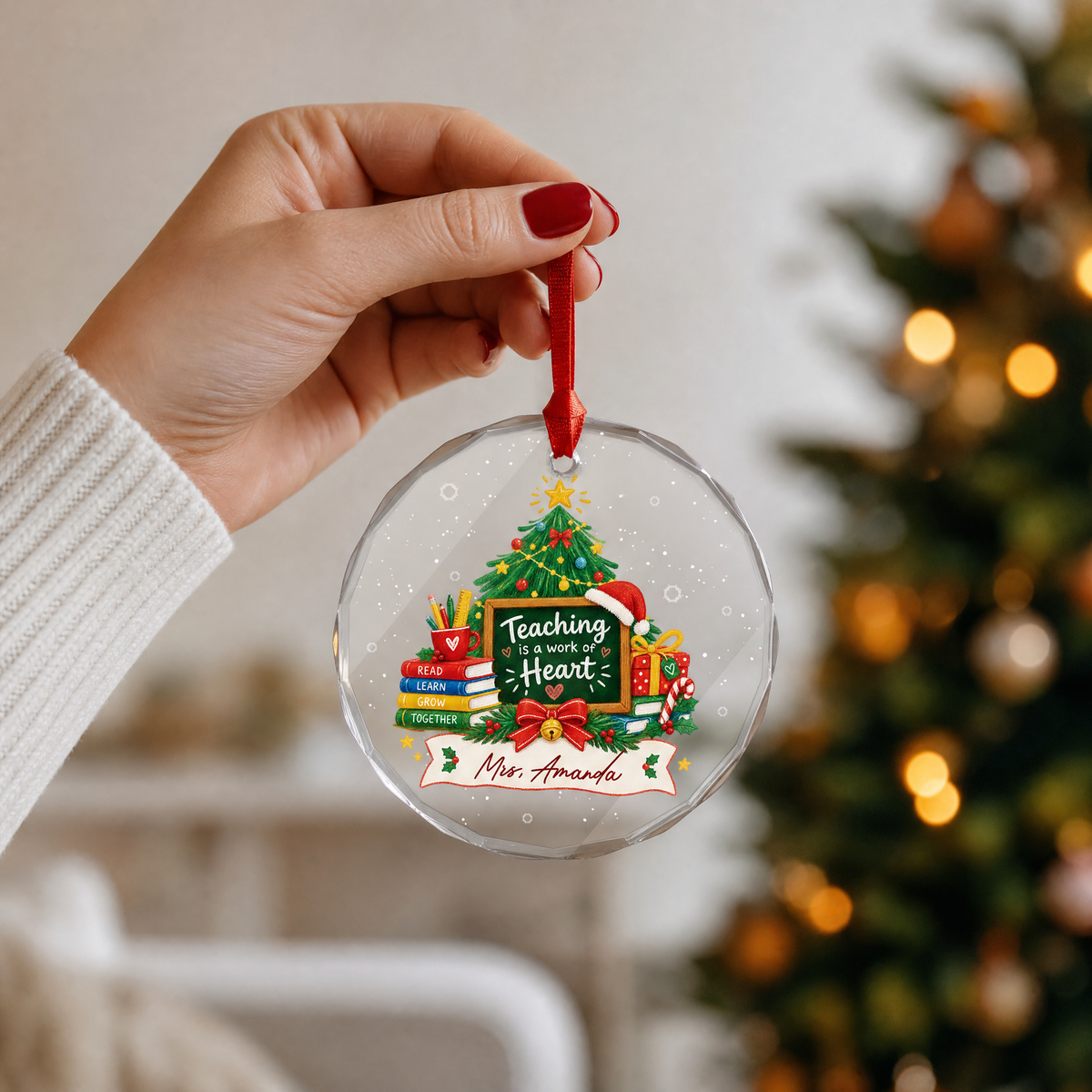 Clear glass teacher ornament with custom name for holiday decor